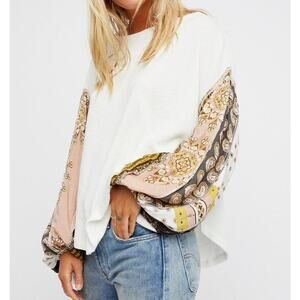 We The Free Blossom White Long Printed Balloon Sleeves Boho Oversized Top XS